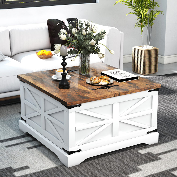 Gracie Oaks Gulkis Farmhouse Square Storage Coffee Table with Hinged ...